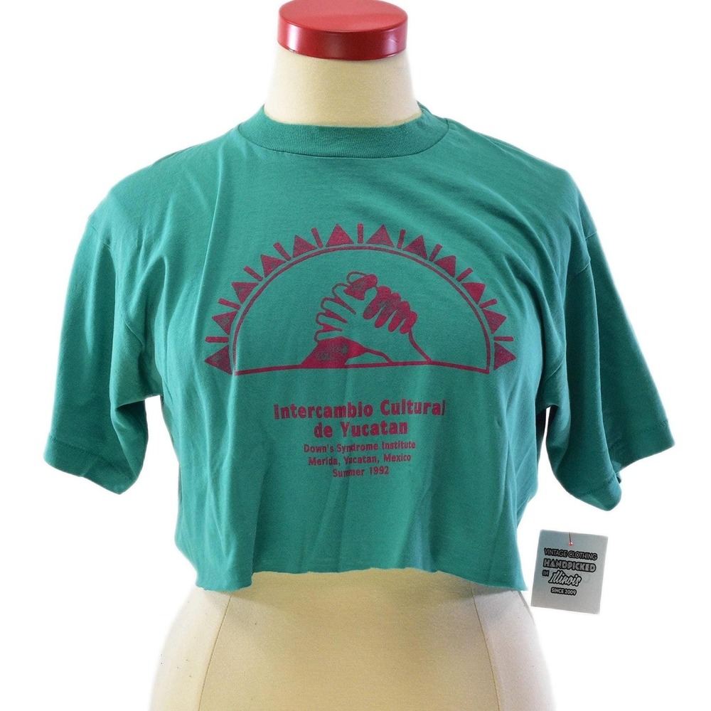 90s Vintage Teal Green Cropped Graphic T Shirt Womens XL Screen Stars Tee Boho